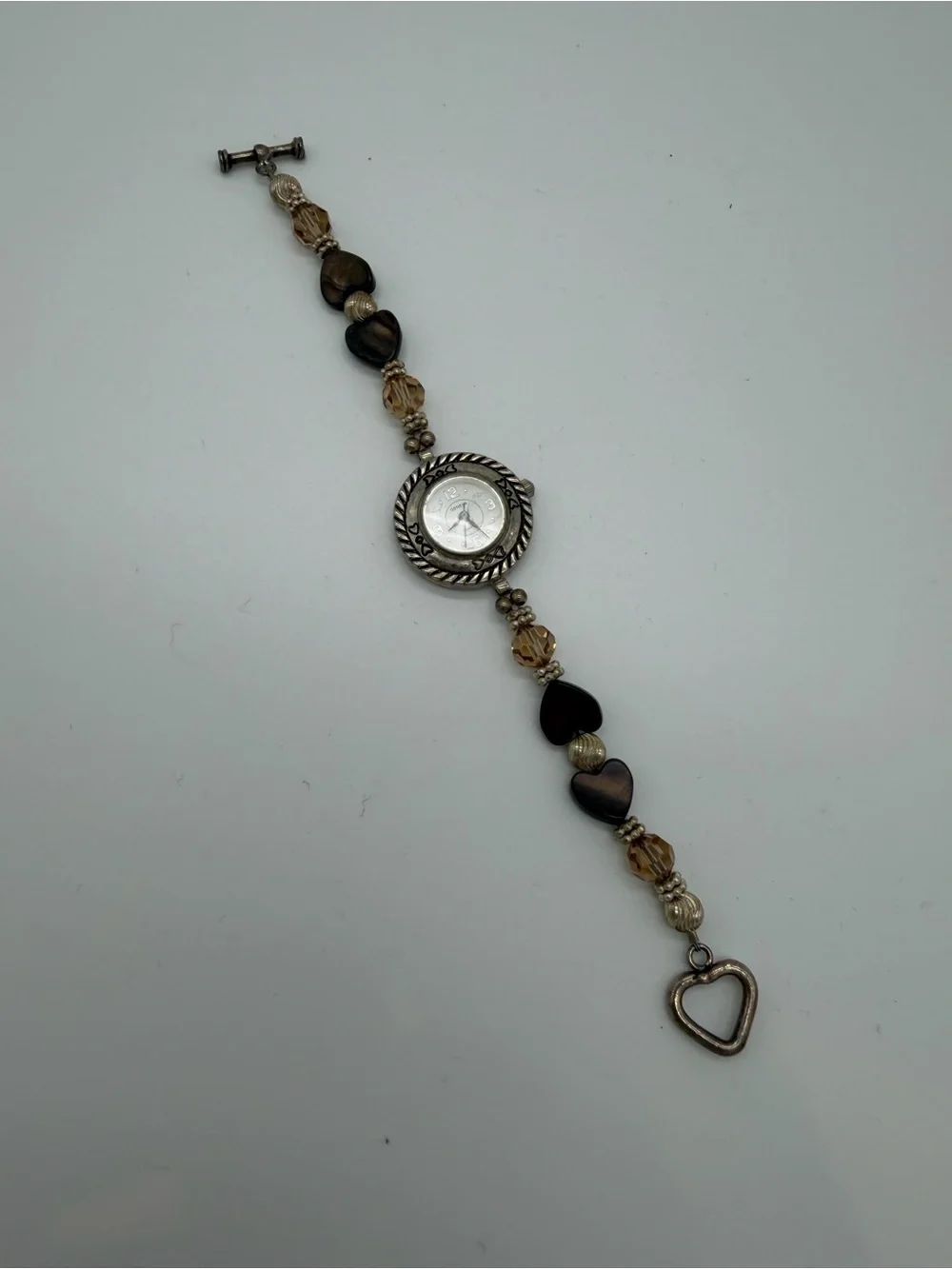 Geneva Brown Heart Bead Bracelet Watch with Silver Accents